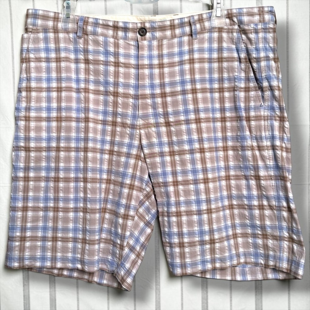 Tommy Bahama Mens 40 Plaid Shorts Brown Blue Seersucker Stretch Flat Front‎